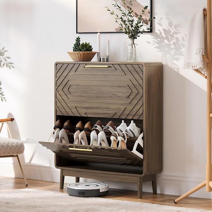 Shoe Storage Cabinet with Hand-Carved Raised Embossed 2 Flip Drawers,Slim Shoe Rack Cabinet, Narrow Shoe Cabinet Storage for Entryway Entrance, Freestanding Shoe Organizer Cabinet (Walnut)