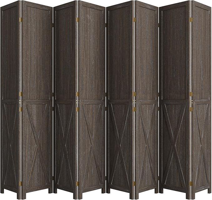 Cozy Castle Wood Room Divider, 8 Panels Folding Privacy Screen, 66.9'' Wall Divider, Barnwood Room Separator, Freestanding Partition, Temporary Wall for Decorative, Rustic Brown
