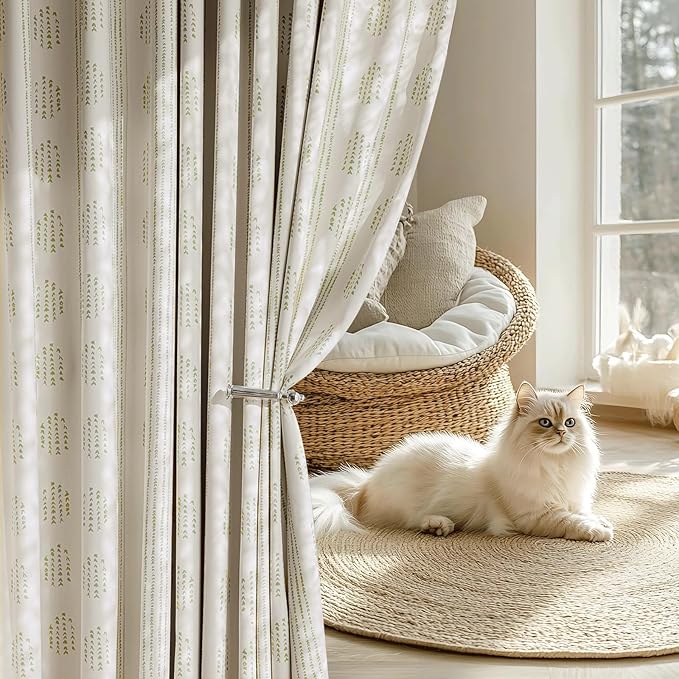 100% Boho Blackout Curtains 63 Inches Long for Bedroom, Green on Beige Patterned Bohemian Curtains for Living Room, Geometric Striped Thermal Insulated Window Drapes Gromment Top 2 Panels