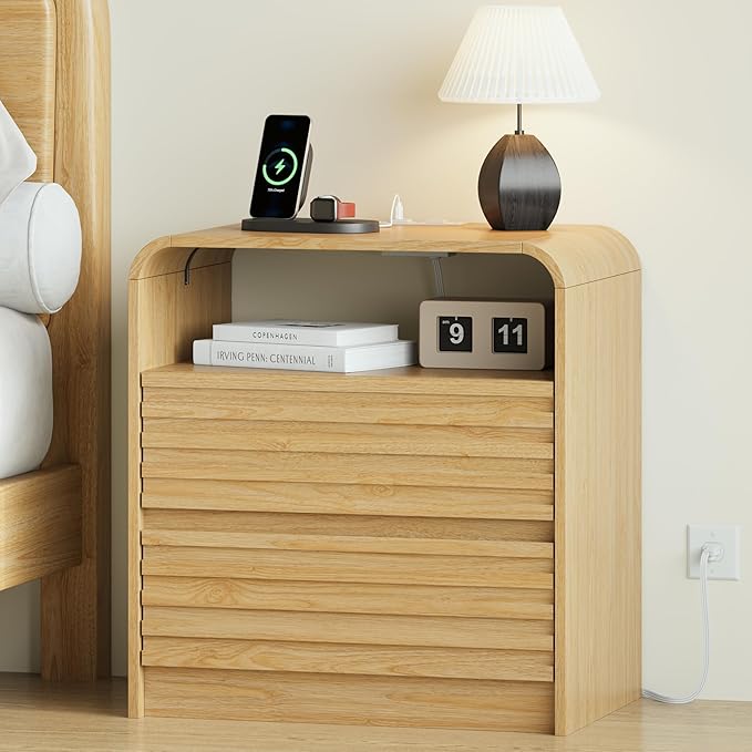 24" Wide Modern Fluted Nightstand with Charging Station, Wood Bedside Table with 2 Storage Drawers, Mid Century End Table Nigthstand with Curved Profile for Bedroom, Living Room, Natural Oak
