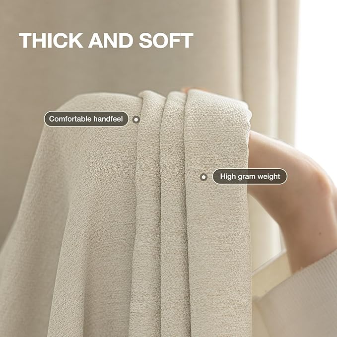 Blackout Curtains 96 inch Length 2 Panels for Living Room, Linen-Look Textured Room Darkening Thermal Insulated Noise Reduction Farmhouse Drapes for Bedroom (W52xL96, Cream)