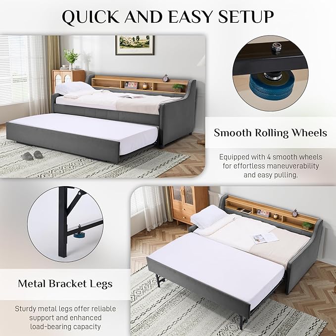 Twin Size Daybed with Pop Up Trundle Bed, Linen Upholstered Day Bed Frame with w/LED/USB/Type C/Storage Headboard, Twin to King Daybed for Living Room Bedroom, No Box Spring Needed, Dark Grey