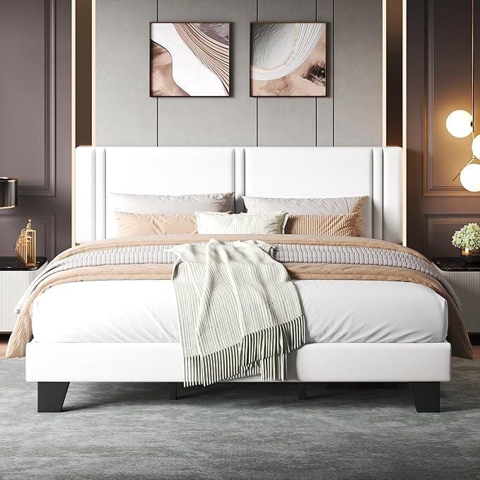 Upholstered King Size Bed Frame with Linen Fabric Headboard, Strong Wooden Slats Support, Noise Free, No Box Spring Needed, White