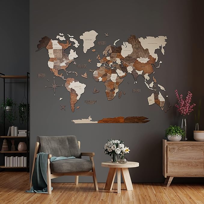 Handmade 3D Wood World Map Wall Art Large Wall Decor Track Your World Travels - Special for Home, Kitchen and Office (Large, Multicolor)
