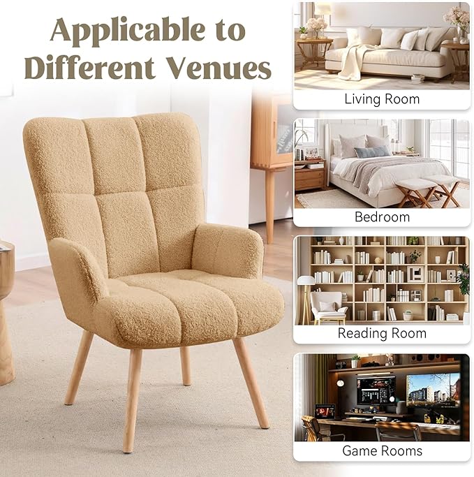 Joysoul Modern Accent Chair, High Back Arm Chair with Wood Legs Sofa Seat Teddy Fleece Fabric Reading Chair for Living Room Bedroom Waiting Room (Brown)