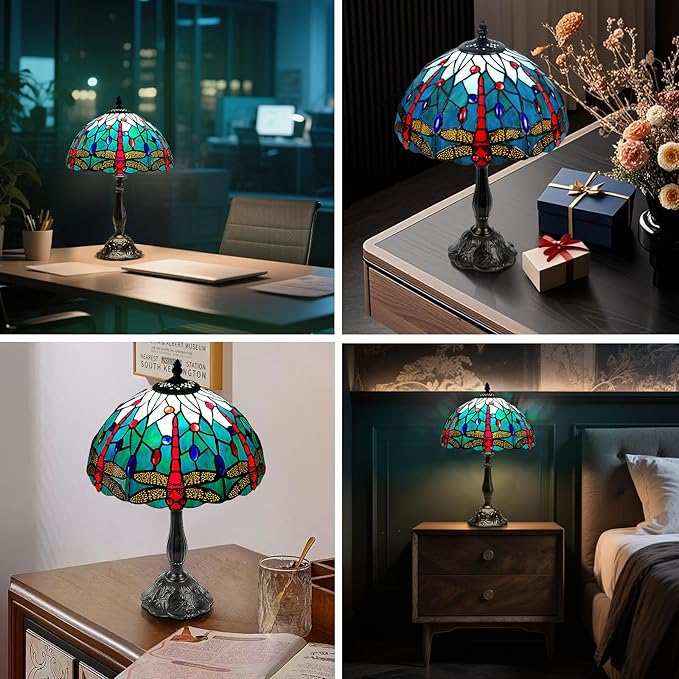 Dragonfly Tiffany Style Lamp - 12" Stained Glass Table Lamp with LED Bulb, Handcrafted Tiffany Lamp Kit for Bedroom, Office, or Dragonfly Side Table Décor