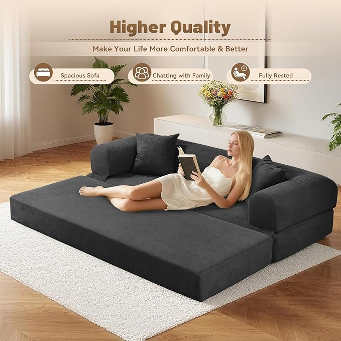Convertible Sofa Bed,80" Folding Sleeper Sofa Bed Queen with Pillows & Storage,Corduroy Pull Out Couch Boneless Couches for Living Room,Compressed Couch in a Box,Deep Gray