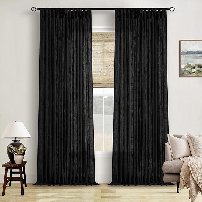 Black Linen Curtains 102 Inches Long 2 Panels for Living Room Modern Thick Linen Flax Pinch Pleated Memory Trained Light Filtering Ceiling Semi Sheer 102 Inch Curtain with Hook Rings Back Tab