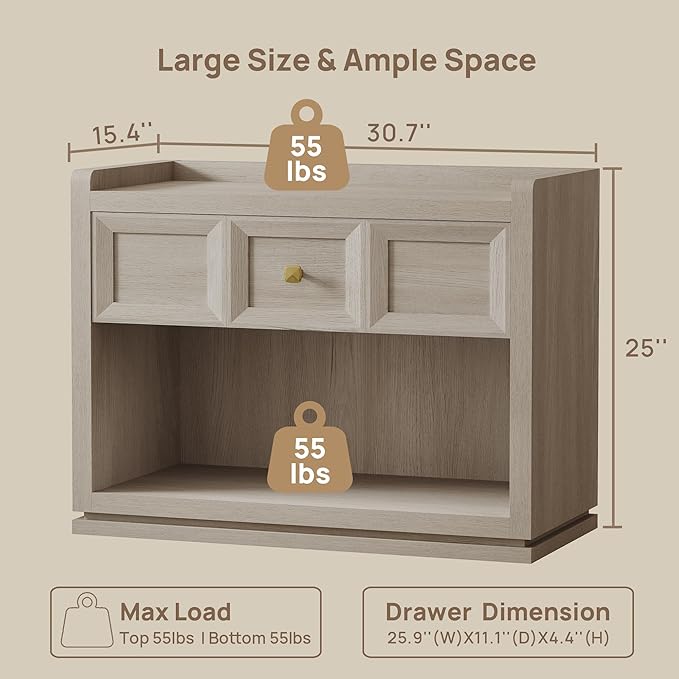 SICOTAS 31" Wide Nightstands Set of 2, Large Night Stands with Drawer, Oversized King Size Nightstand Bedside Table for Bedroom, Farmhouse End Side Table Set of 2 with Round Corners,Grey White Oak