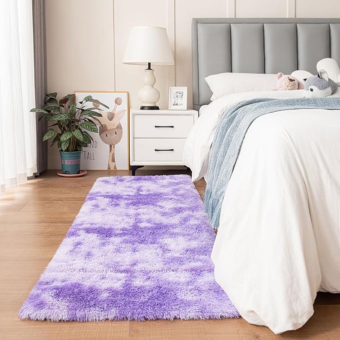 duduta Purple Plush Runner Rugs for Bedroom 2x6 ft, Tie Dye Fluffy Shag Rug for Dorm Nursery Bedside, Machine Washable Non Slip