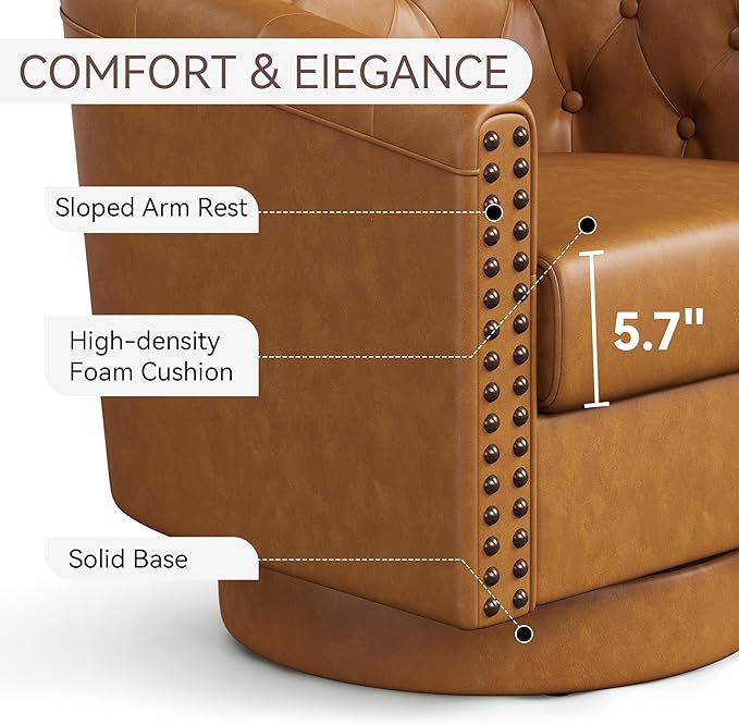 Swivel Barrel Accent Chair,Round Nailhead Faux Leather Living Room Arm Chairs,Modern Upholstered Comfty Reading Nook Chairs for Bedroom,Small Club Armchair,Single Sofa Side Chair,Caramel Brown