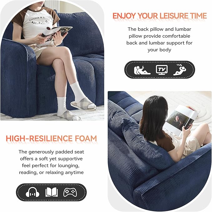 Corduroy Boneless Living Room Sets, Modern Upholstered Loveseat with 2 Signle Sofa Chairs, Comfy Deep Seat Cloud Sofa Couch Sets for Living Room, Navy