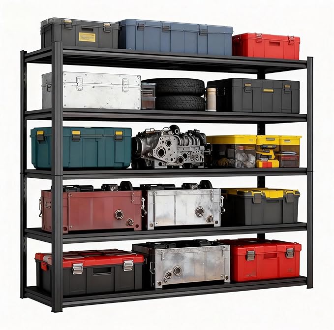 72'' Garage Storage Shelves, 5 tier Shelving Unit Metal, Adjustable, Double-Layer Column with Reinforced Ribs, Heavy-Duty, Capable of Bearing 3000 lbs, Suitable for Garage, Warehouse, Kitchen Storage