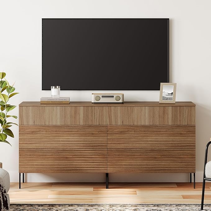 WAMPAT 63" W Fluted Dresser for Bedroom, 2 in 1 Modern 6 Drawer Dresser TV Stand with Hidden Handles, Wooden Chest of Drawers Closet Clothes Storage Organizer for Bedroom, Living Room, Light Walnut