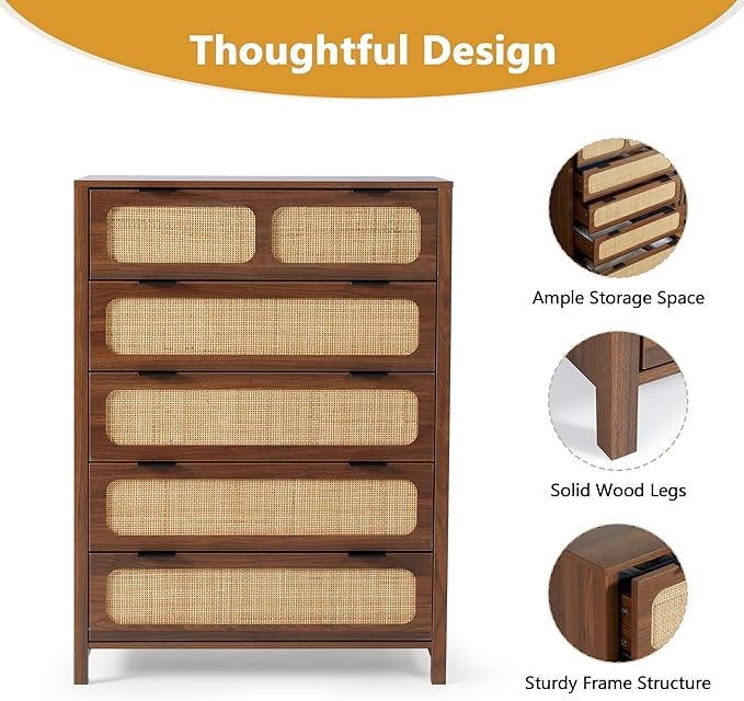 LEVNARY 5 Drawer Chest Dresser, Rattan Tall Dresser 5 Chest of Drawers Dressers for Bedroom, Wooden Storage Cane Cabinet with Metal Handles for Living Room Hallway (Walnut)