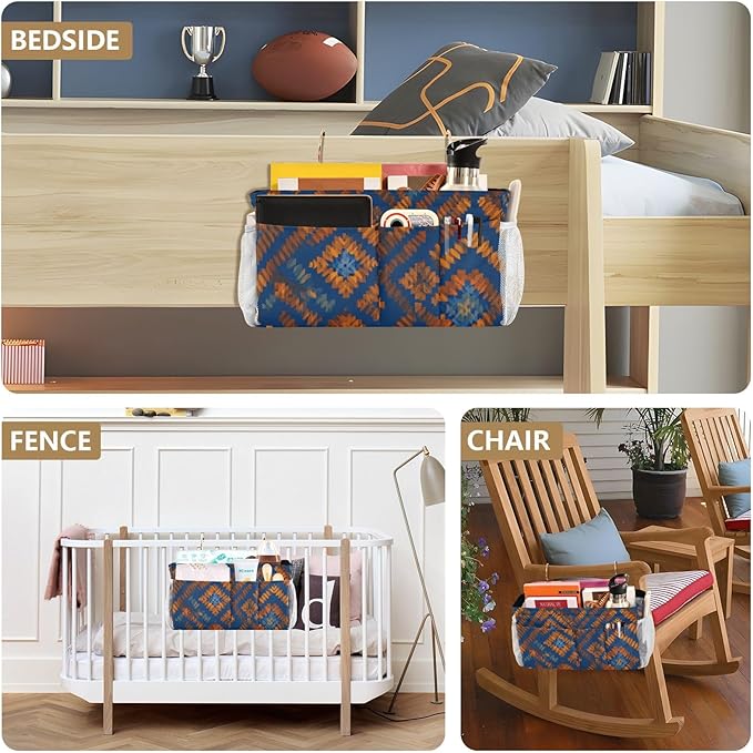 Bedside Caddy Hanging Bunk Bed Caddy Bed Organizer Hanging Pocket with 2 Hooks Bedside Storage Organizer Pocket Bag Holder Blue Orange Diamond Tie-dye
