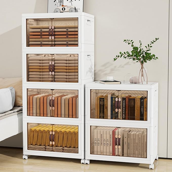Storage Bins with Lids and Wheels, 220QT-110QT*2Tier Collapsible Bathroom Storage Cabinet with Clear Doors, Plastic Stackable Closet Organizers and Containers White