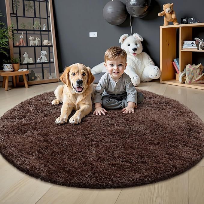 OLANLY Coffee Round Rugs for Bedroom - Machine Washable, 8 ft Circle Area Rugs for Living Room, Soft and Fluffy Shaggy Carpet for Teen Girls and Boys, Nursery Rooms, Dorms, Home Decor Aesthetic