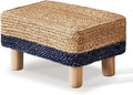 Wimarsbon Natural Seagrass Footstool Ottoman Rectangular Footrest Pouf Ottomans with Wooden Legs Hand Weave Step Stool for Living Room Bedroom Entryway Blue