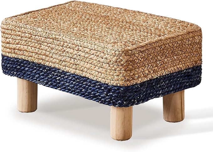 Wimarsbon Natural Seagrass Footstool Ottoman Rectangular Footrest Pouf Ottomans with Wooden Legs Hand Weave Step Stool for Living Room Bedroom Entryway Blue