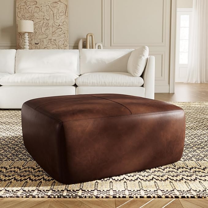 Poly & BARK Sequoia Ottoman – 35” Square Pouf with Feather-Down Topper – Full-Grain Leather Upholstered Pouf Ottoman for Living Room – Vintage Italian Leather in Chocolate Brown