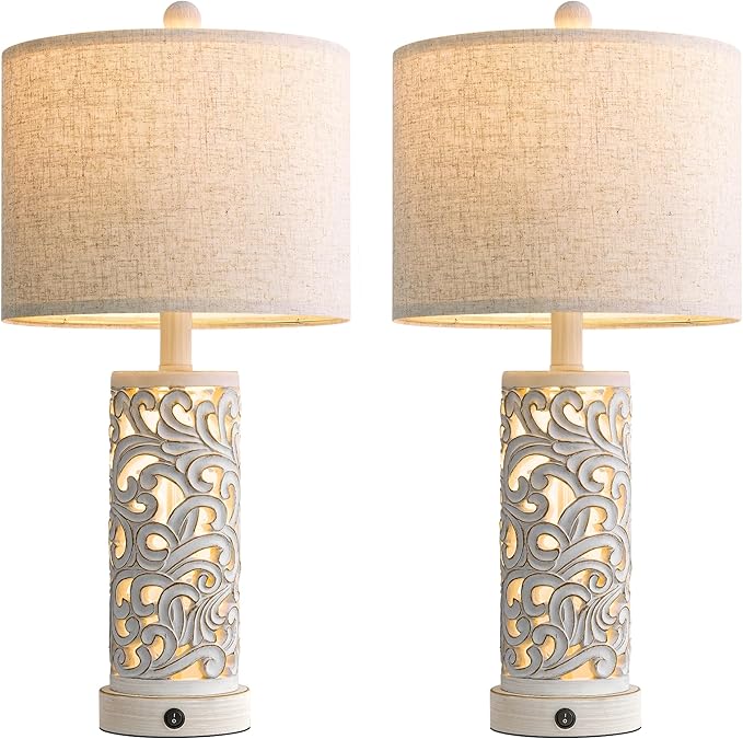OYEARS 22'' Table Lamp Set of 2 for Living Room,Farmhouse Lamp for for Bedroom,Vintage Retro Bedside Lamps with USB Ports Linen Shade for Home Office (Wash White, Bulb Included)