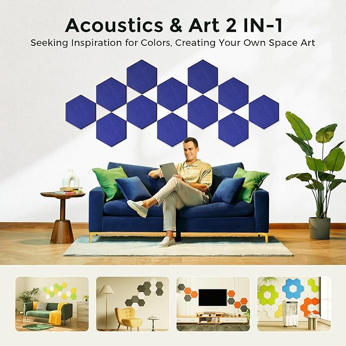 Self-Adhesive Acoustic Panels [390 lbs/yd³ Ultra-High Density], 2nd Generation Sound Absorbing Panel, Professional Level Sound Panel, Polyester Soundproof Foam [Size L, Navy Blue]