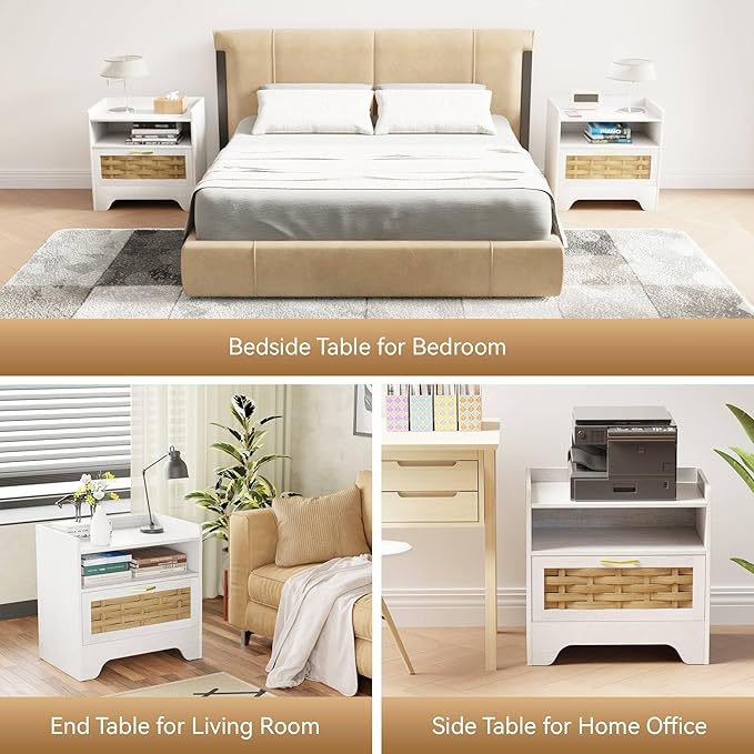 24" Rattan Nightstand with Storage Drawer, White Bedside Table with Semi Open Cubby, Boho Night Stand with Farmhouse Arched Base for Bedroom, Side Table, End Table for Dorm