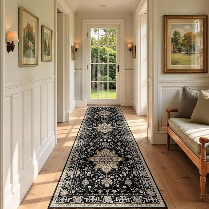 Area Rugs 2'x7' Washable Non-Slip, Floral Vintage Distress Print Pattern Medallion Carpet for Living Room Bedroom Dining Room, Black Brown Neutral Dark Tan