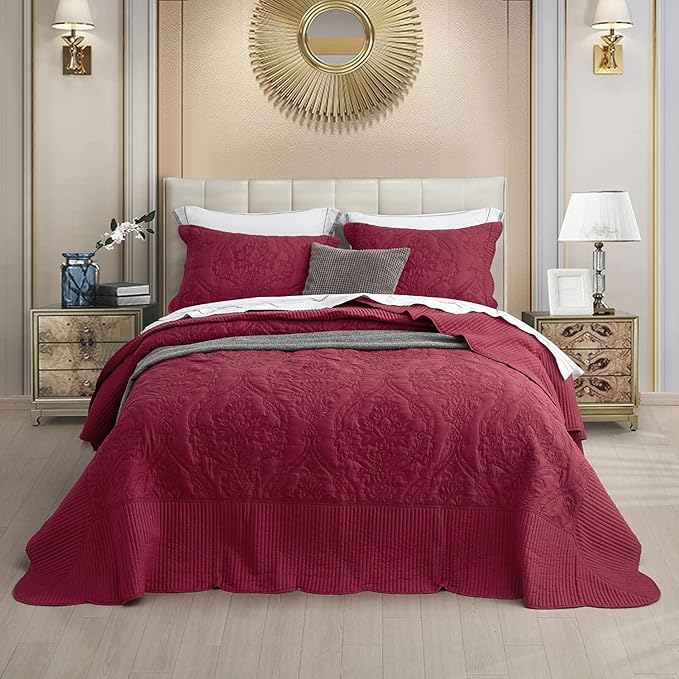 CHIXIN Bedspread Coverlet Set Queen Size - Lightweight Bedding Cover - Beautiful Stitching - 5 Piece Reversible Bedspread - Gorgeous Damask Paisley Pattern (Queen, Wine Red)