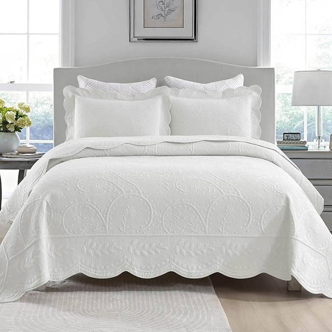 MarCielo 3-Piece 100% Cotton Oversized Bedspread Lightweight Quilt Coverlet Embroidery Farmhouse Bedding Set (TX Bright White, Oversized Queen (100"x106"))
