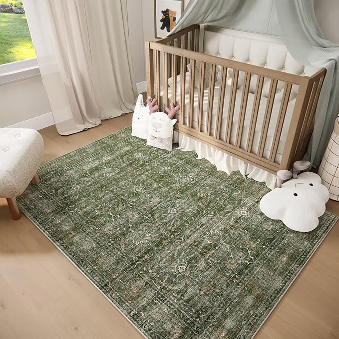 Washable 3x5 Entryway Rug, Boho Non-Slip Vintage Distress Small Rugs for Kitchen Nursery Office Bedroom, 0.3" Neutral Oriental Throw Thin Carpet with Cushioning Pad, Grass Green/Multi