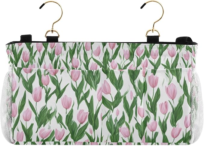 Bedside Caddy Hanging Bunk Bed Caddy Bed Organizer Hanging Pocket with 2 Hooks Bedside Storage Organizer Pocket Bag Holder Small Tulips Pink