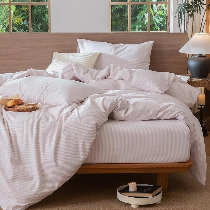 MooMee Striped Duvet Cover Set 100% Washed Cotton Linen Like Textured Breathable Durable Soft Comfy (Heathered Greyish Pink Pinstripes, Cal King 104"x98")