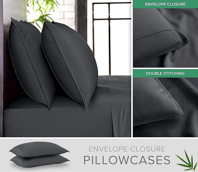 Pure Bamboo Queen Sheets, Genuine 100% Organic Viscose Derived from Bamboo Bed Sheet Set, Luxuriously Soft & Cooling, Double Stitching, 2 Year Quality Promise (Queen, Charcoal)