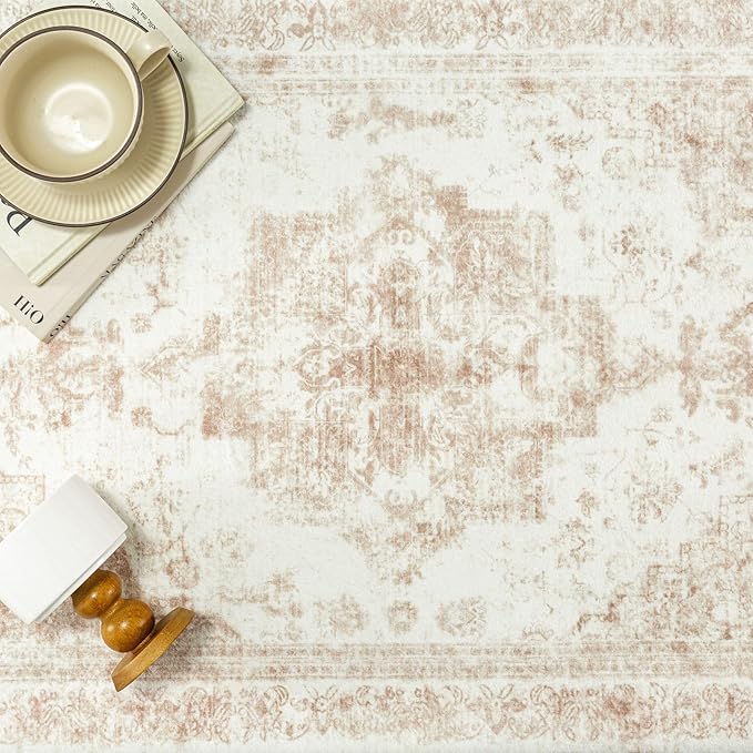 Area Rug 3x5 Cream Washable Office Entryway Vintage Medallion Beige Carpet Non Slip Retro Indoor Mat Low Pile Soft Distressed Small Rug for Bedroom Kitchen Laundry Dining Room
