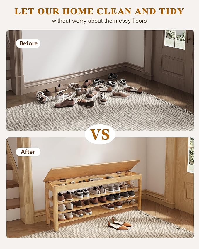 Shoe Rack Bench Seat Rubberwood 3-Tier Wooden Storage Bench 550lbs Compact Mid-Century Modern Design for Entryway, Hallway, Closet, Front Door Entrance, Foyer