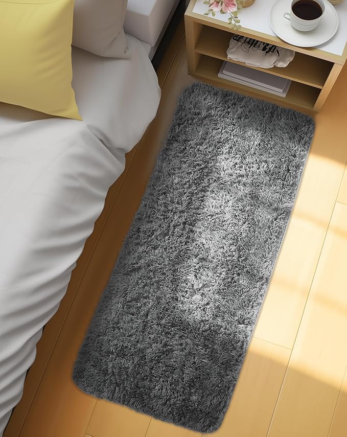 Ophanie Runner Rug for Hallway, 2x5 Upgrade Non-Slip Fluffy Soft Bedside Rugs, Bedroom Living Room Grey Shaggy Gray Carpet for Kids Girls Boys Dorm Nursery Home Decor Aesthetic