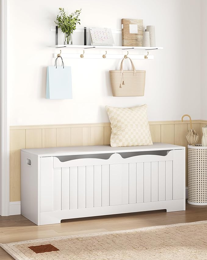 Hzuaneri 47.2" Storage Chest, Extra Large Storage Bench Trunk with 2 Hinges, Wooden Box, Lift-Top Chest Organizer, Shoe Bench for Entryway, Bedroom, Living Room, White SB28603X