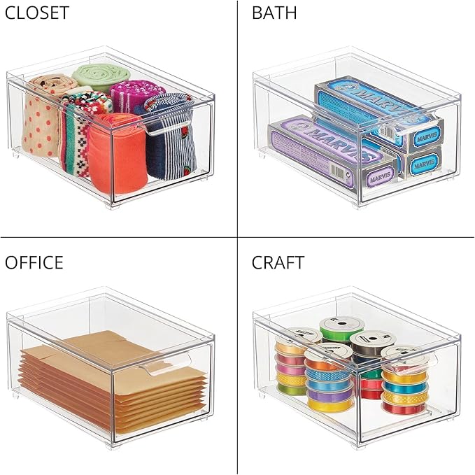 mDesign Stackable Storage Containers Box with Pull-Out Drawer - Stacking Plastic Drawers Bins for Kitchen Pantry and Cupboard, Cabinet, Counter, Island and Tables - Lumiere Collection - 2 Pack - Clear