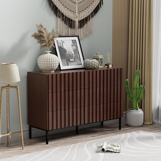 UEV Fluted Dresser for Bedroom with 6 Drawers, 47" Wide Large Chest of Drawers with Metal Stand, Mid-Century Wooden Dresser TV Stand, Closet Storage Organizer for Living Room, Hallway (Walnut)