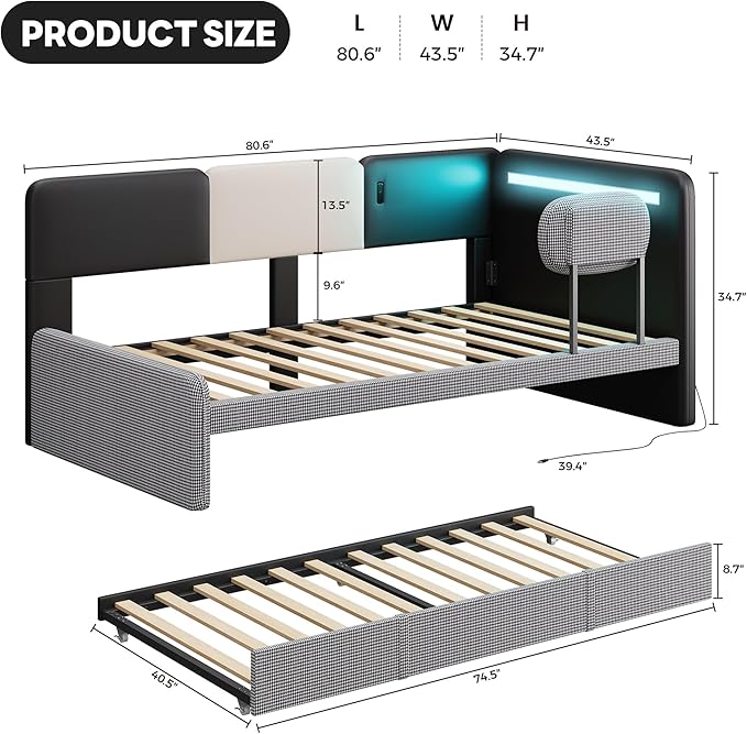 LIKIMIO Twin Daybed with Trundle, Day Bed Frame with 2 USB Ports& LED, Upholstered Guardrail, Sofa Bed with Strong Supports for Bedroom, Living Room