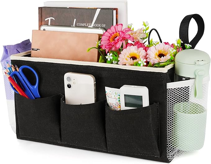 Lilithye Bedside Caddy Bedside Organizer Bedside Storage Caddy with Fixed Straps and Water Bottle Holder for Home College Dorm Bunk Bed Hospital Bed Crib Bed Rails (Black)