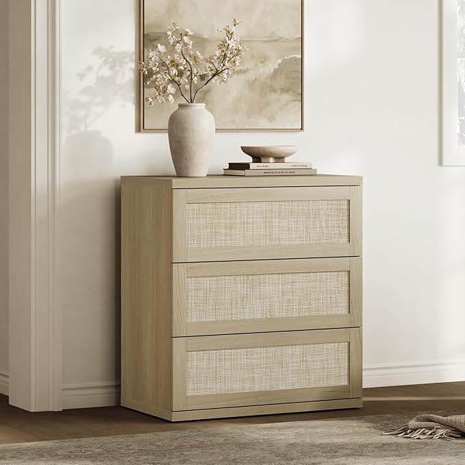 SICOTAS Dresser for Bedroom - 31" Tall Rattan Dresser with 3 Drawers Boho Dressers & Chests of Drawers Dressers for Bedroom Deep Bedside Table Clothes Closet Storage for Closet Hallway Entryway