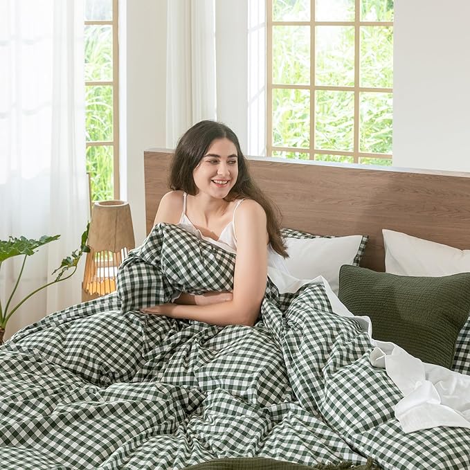 MooMee Gingham Duvet Cover Set 100% Washed Cotton Linen Like Textured Breathable Durable Soft Comfy Modern Checkered Design (Forest Green Gingham, King 104"x90")