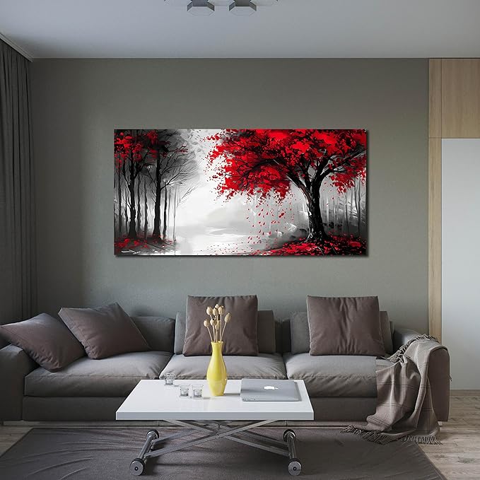 Large Canvas Wall Art for Living Room Black White and Red Forest Print Pictures Painting Framed Wall Decor for Bedroom Modern Home Plant Scenery Wall Decorations Artwork Size 24x48 Ready to Hang