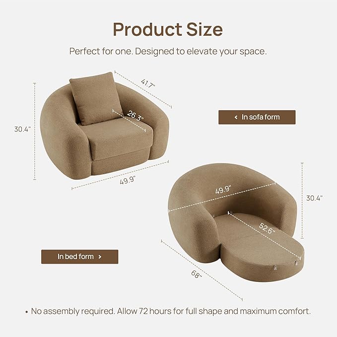 SICOTAS Curved Sofa Couch Bed for Living Room Convertible Futon Cloud Boneless Sleeper Chair Pull Out Floor Couch with Deep Seat Sofa Set Foam No Assembly Required for Bedroom Apartment Office, Brown