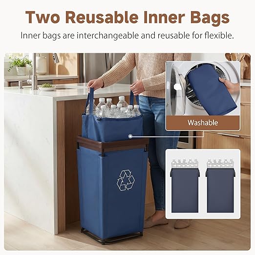 StorageWorks Recycling Bin with Lid, 29Gal Large Recycling Bin for Kitchen, Indoor Recycling Bins with 2 Reusable Washable Bags for Bottles and Cans, Steel Frame Fabric Sorter, 110L, Blue