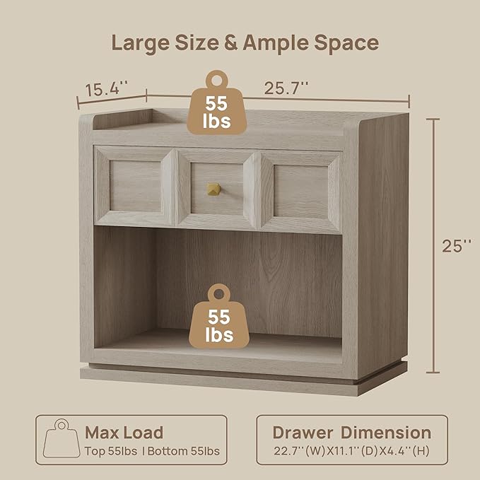 SICOTAS Night Stand Set 2, 26" Wide Nightstands with Drawer, Large Queen Size Nightstands Set of 2, Modern Bedside Table for Bedroom, Side End Table, Grey White Oak