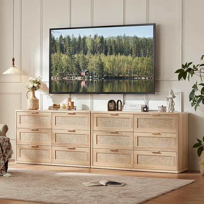LEYAOYAO Rattan Dresser and Nightstand Set of 2, Boho Wood Dresser for Bedroom with 6 Drawers and Night Stand with 3 Drawer, Bedroom Furniture, Dressers & Chests of Drawers, Living Room, Hallway